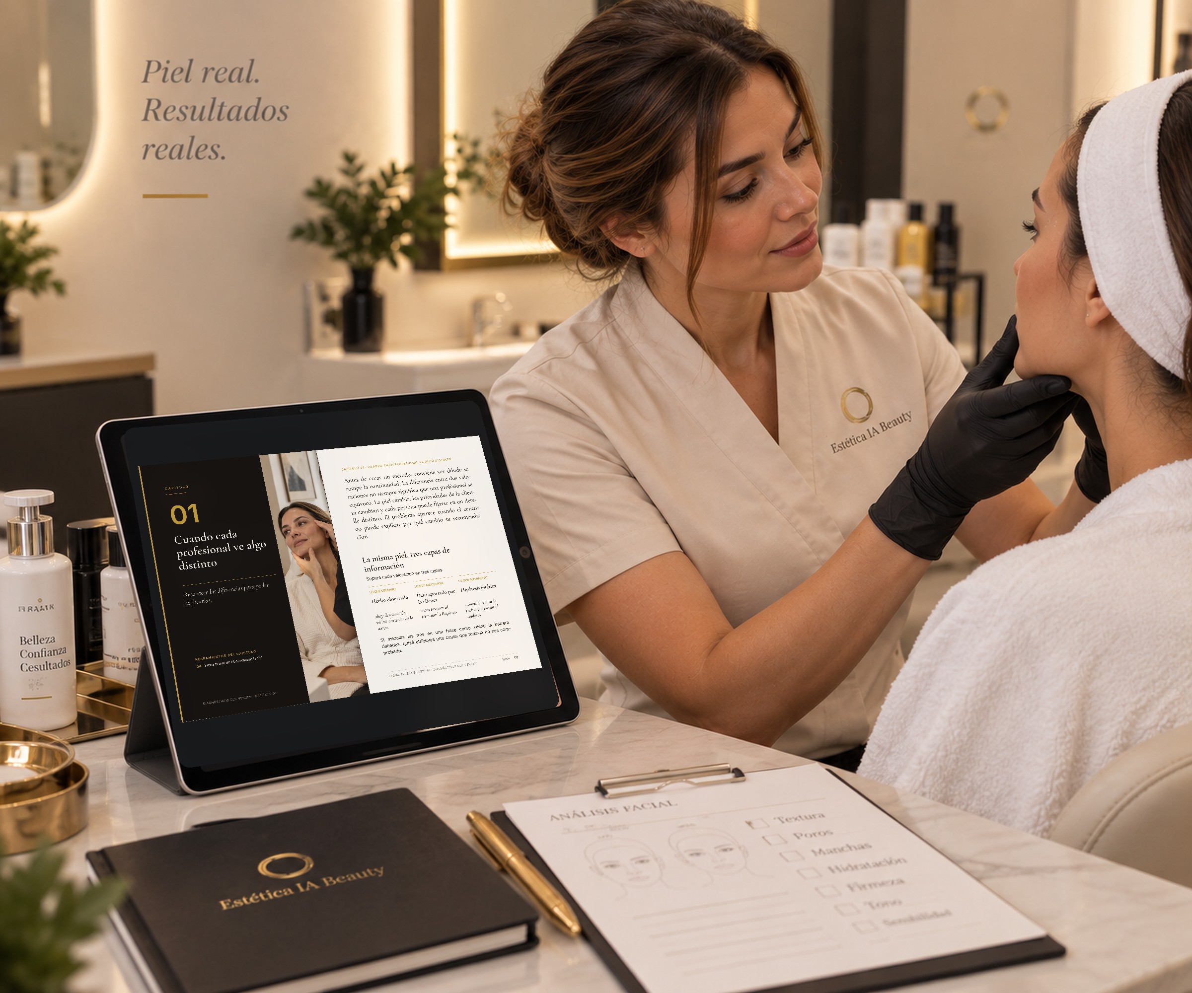 Esteticista valorando la piel de una clienta con el capítulo 1 del playbook abierto en una tableta