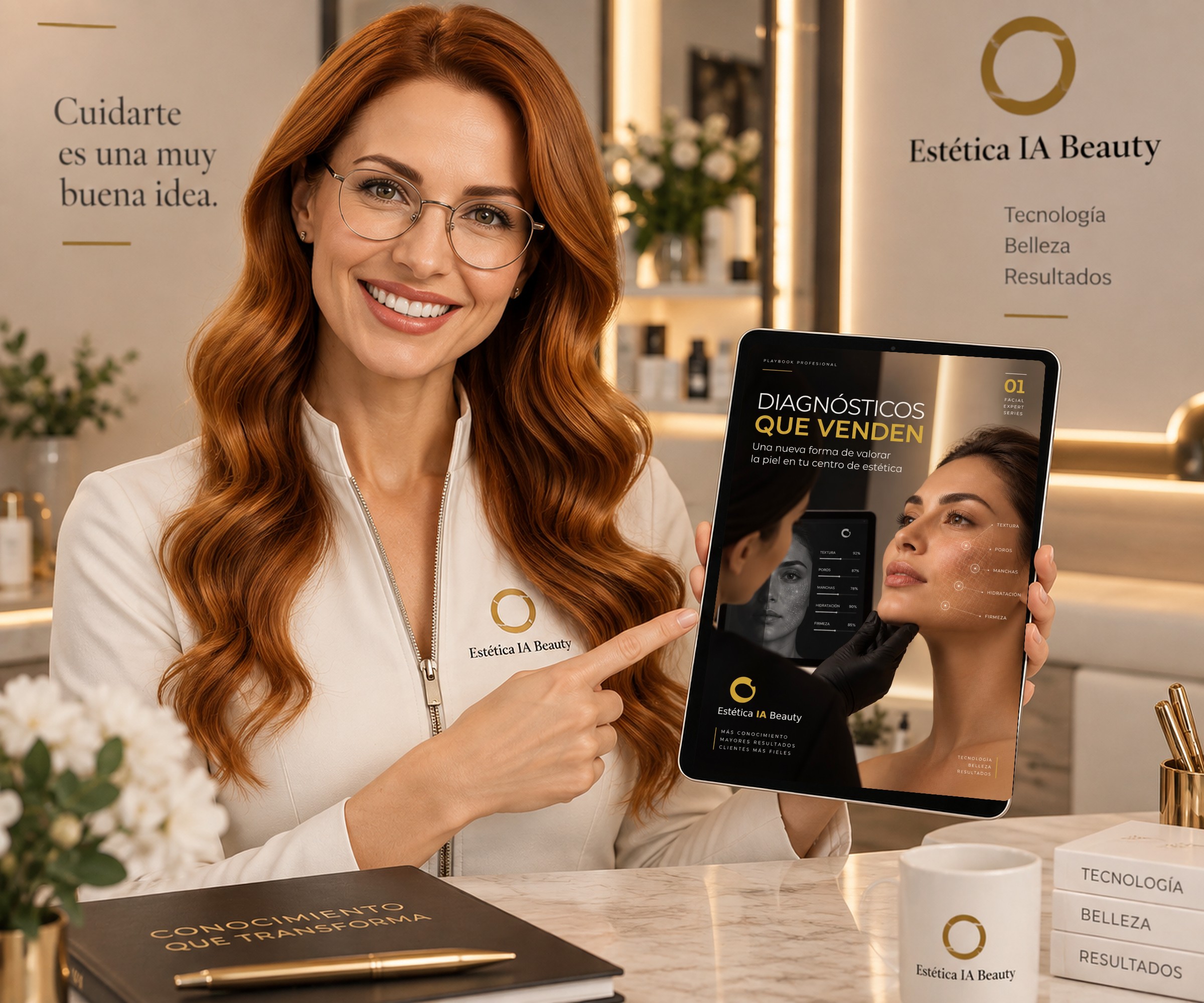 SON•IA, la presentadora virtual de Estética IA Beauty, muestra en una tableta la portada del playbook Diagnósticos que venden